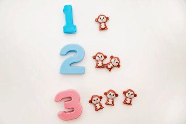 Çocuklar renkli sayılar ve maymunlar. Okul matematiksel sembolleri. Erken eğitim, sayma oyunu. Çocuklar için okul öncesi egzersizi. 1 'den 3' e sıralama.