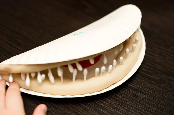 Diy Jogar Higiene Oral Menino Fazendo Boca Com Dentes Placa — Fotografia de Stock