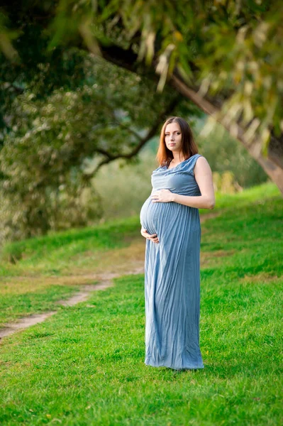 Mulher Grávida Bonita Livre Com Prazer Esperando Bebê Ter Tempo — Fotografia de Stock