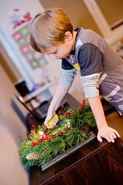 Boy Lights Candle Floating Candles Advent Wreath — Stock Photo, Image