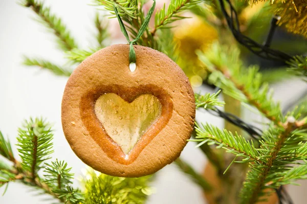 Decorazione Biscotto Pan Zenzero Fatto Casa Con Forma Cuore Caramelle — Foto Stock