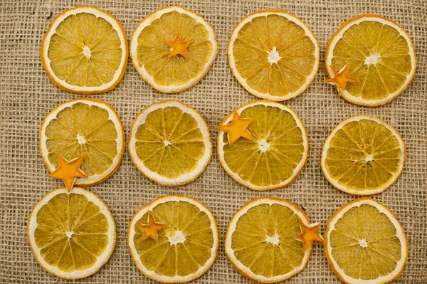 Orange Stars Made Dried Orange Peel Dried Orange Slices Linen — Stock Photo, Image