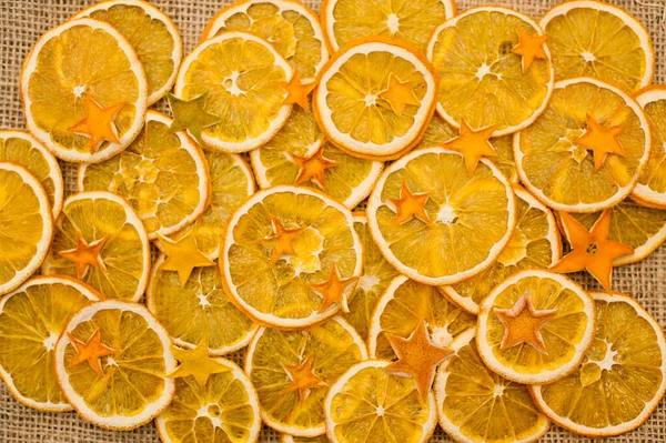 Orange Stars Made Dried Orange Peel Dried Orange Slices Linen — Stock Photo, Image