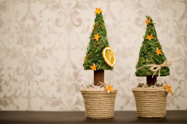 Küçük Noel ağacı. Yosundan yapılmış. Portakal kabuğundan dekorasyon. Evde Noel ruhu.
