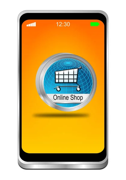 橙色桌面上的蓝色在线商店按钮的智能手机 — 图库照片