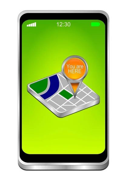Smartphone Ile Turuncu Yeşil Masaüstü Çizim Üzerinde Burada Harita Işaretçi — Stok fotoğraf