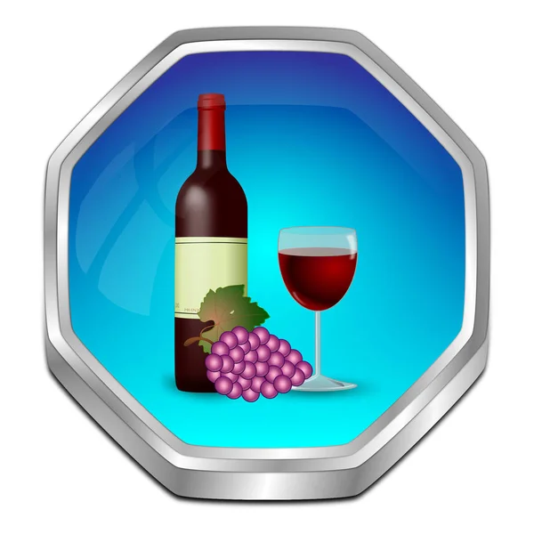 Blå Knappen Med Vinflaska Ett Glas Vin Och Druvor Illustration — Stockfoto