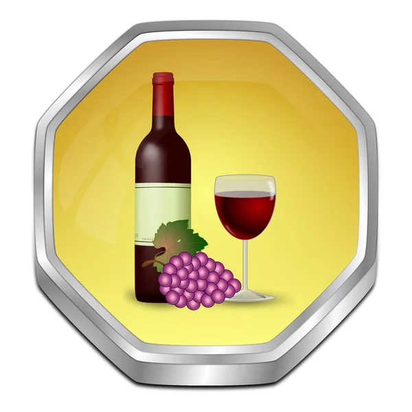 Gyllene Knapp Med Vinflaska Ett Glas Vin Och Druvor Illustration — Stockfoto
