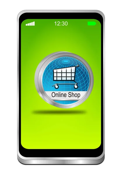 Smartphone Tlačítko Online Shop Zelené Plochy Obrázek — Stock fotografie