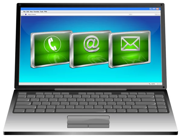 Laptop Met Groene Contact Knop 3Dillustration — Stockfoto