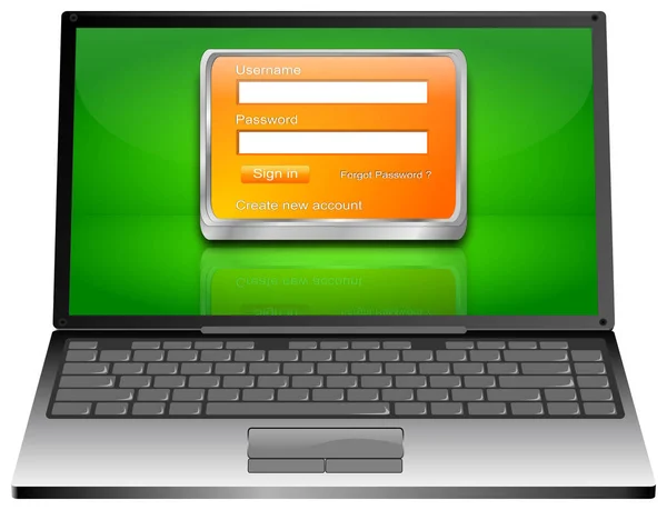 Laptop Computer Mit Orangefarbenem Login Bildschirm Auf Grünem Desktop Abbildung — Stockfoto