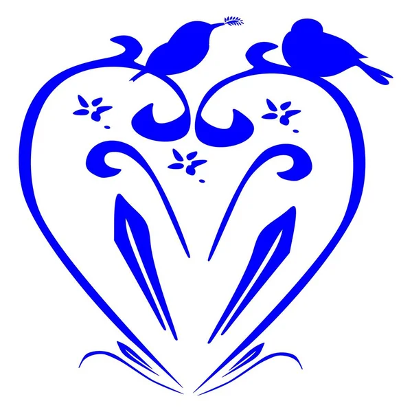 Blauw Abstract Hart Met Vogeltjes Illustratie — Stockfoto