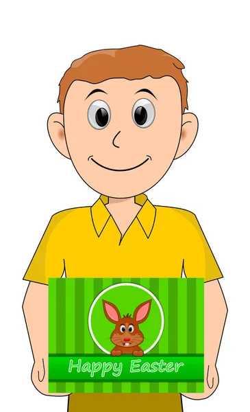 Молодой Человек Жёлтой Рубашке Иллюстрацией Счастливой Пасхальной Открытке — стоковое фото