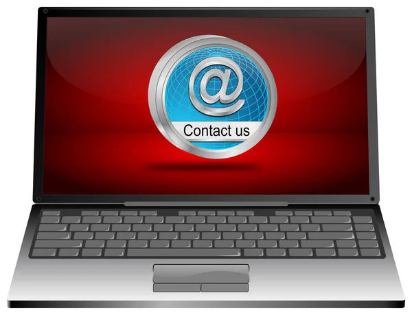 Přenosný Počítač Modrým Kontakt Tlačítko Bílém Pozadí Ilustrace — Stock fotografie