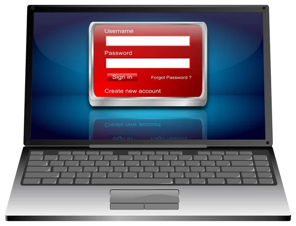 Komputer Laptop Dengan Layar Log Masuk Merah Pada Desktop Biru — Stok Foto