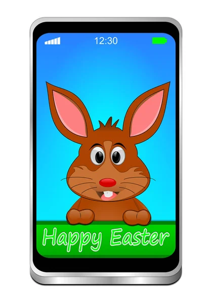 Osterhase Wünscht Frohe Ostern Auf Smartphone Mit Blauem Desktop Illustration — Stockfoto