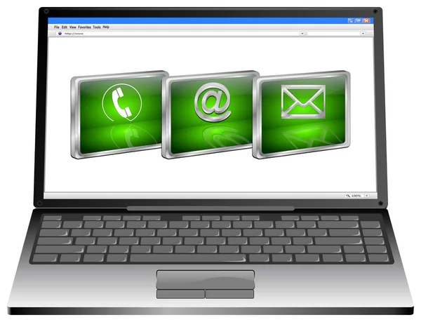 Laptop with green contact us buttons on white background  - 3Dillustration