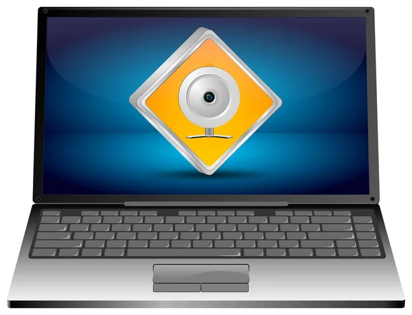 Computer Portatile Con Pulsante Webcam Arancione Sul Desktop Blu Illustrazione — Foto Stock