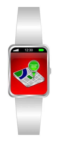 Smartwatch Con Verde Usted Está Aquí Mapa Puntero Escritorio Rojo — Foto de Stock