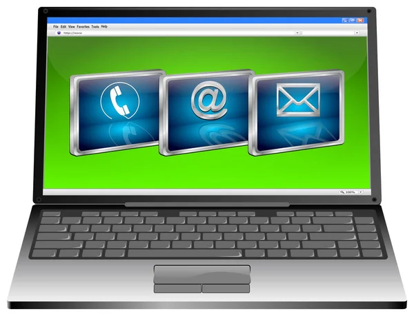 Laptop Három Kék Lépjen Kapcsolatba Velünk Gomb Zöld Desktop Illusztráció — Stock Fotó