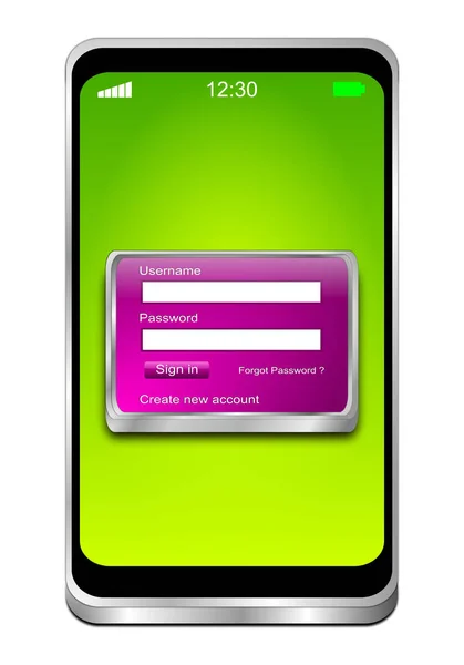 Smartphone Mit Lila Anmeldebildschirm Auf Grünem Desktop Illustration — Stockfoto