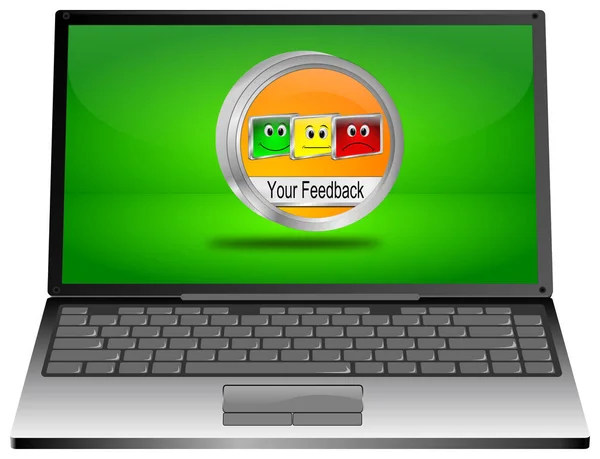 Laptop Computer Mit Orangefarbener Feedback Taste Auf Grünem Desktop Abbildung — Stockfoto