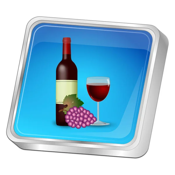 Glansiga Blå Knappen Med Vinflaska Ett Glas Vin Och Druvor — Stockfoto