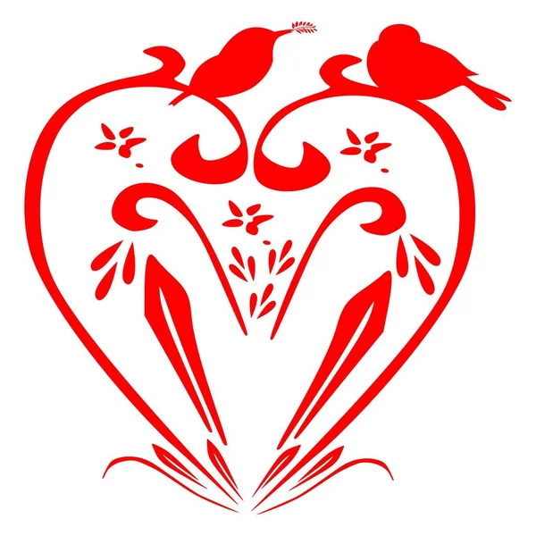 Corazón Abstracto Rojo Con Dos Pajaritos Ilustración — Foto de Stock