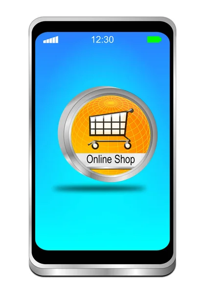 智能手机与橙色在线商店按钮在蓝色桌面 3D插图 — 图库照片