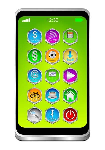 Smartphone Con Diferentes Aplicaciones Escritorio Verde Ilustración — Foto de Stock