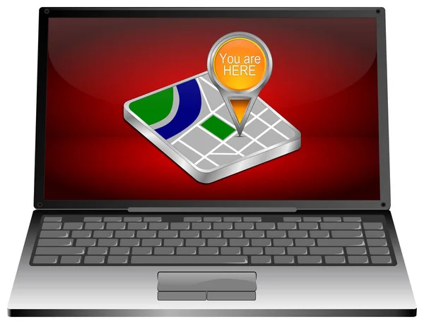 Laptop Computer Met Oranje Bent Hier Kaart Aanwijzer Rode Desktop — Stockfoto