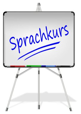 Whiteboard with language course - in german - 3D illustration
