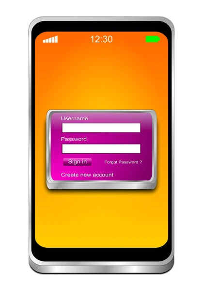 Smartphone Con Pantalla Inicio Sesión Púrpura Escritorio Naranja Ilustración — Foto de Stock