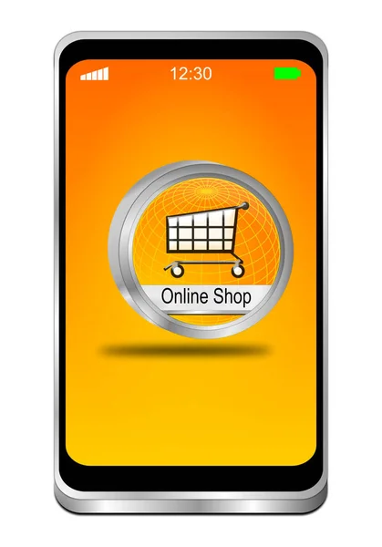 Smartphone Con Botón Tienda Línea Naranja Escritorio Naranja Ilustración —  Fotos de Stock