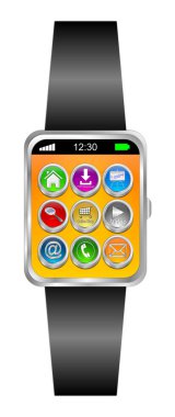 Turuncu masaüstünde farklı fonksiyon düğmeleri ile Smartwatch - 3d illüstrasyon