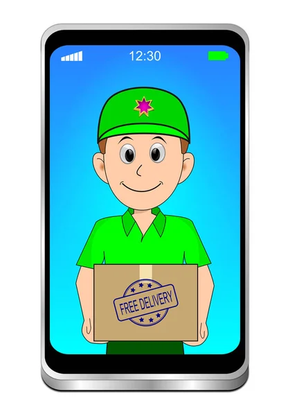 Smartphone with friendly Courier delivering a parcel with Free Delivery rubber stamp on blue desktop - 3D illustration