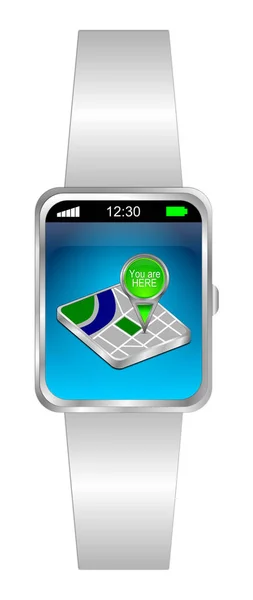 Smartwatch Con Verde Usted Está Aquí Mapa Puntero Escritorio Azul — Foto de Stock