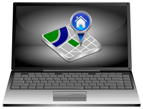 Laptop Computer Blue Home Map Pointer Silver Desktop Illustration — Stock Photo, Image