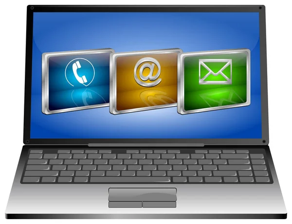 Laptop Com Três Botões Contacte Nos Área Trabalho Azul Ilustração — Fotografia de Stock