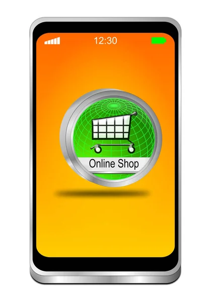 Telefon Smartphone Zeleným Internetovým Obchodem Oranžovou Plochu Ilustrace — Stock fotografie