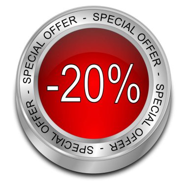 kırmızı özel teklif-20% Indirim düğmesi-3D illüstrasyon