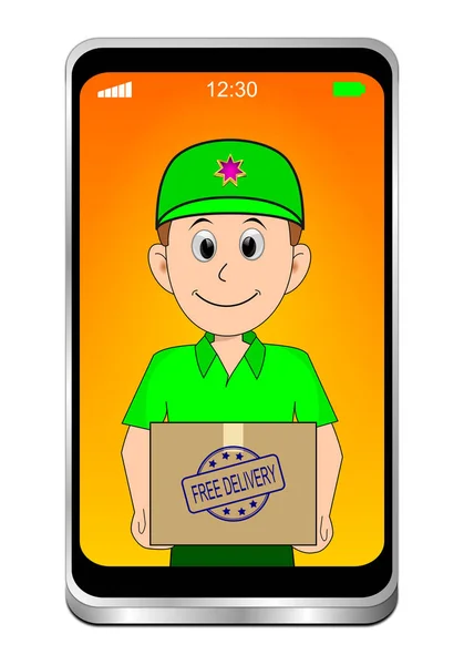 Smartphone Friendly Courier Delivering Parcel Free Delivery Rubber Stampon Orange — Stock Photo, Image