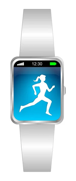 Mavi Masaüstünde Beyaz Kadın Koşucu Koşucu Ile Smartwatch Illüstrasyon — Stok fotoğraf