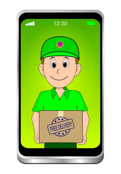 Smartphone Friendly Courier Delivering Parcel Free Delivery Rubber Stamp Green — Stock Photo, Image