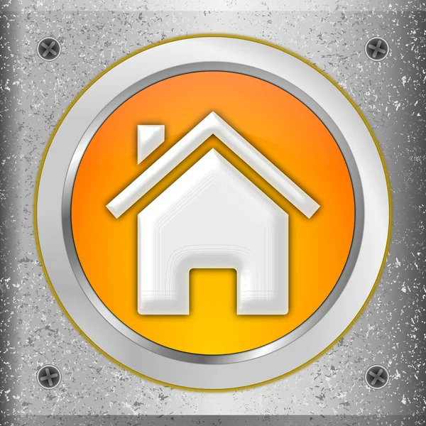 orange Home Button on a metal plate - 3D illustration