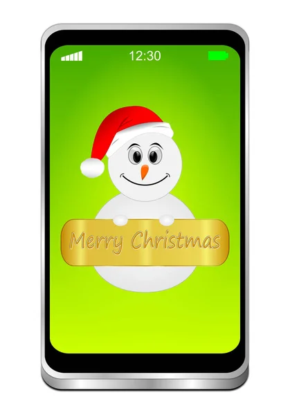 Kardan Adam Ile Smartphone Yeşil Masaüstünde Merry Christmas Isteyen Illüstrasyon — Stok fotoğraf