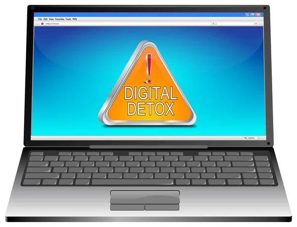 Laptop Com Laranja Botão Digital Detox Área Trabalho Azul Ilustração — Fotografia de Stock