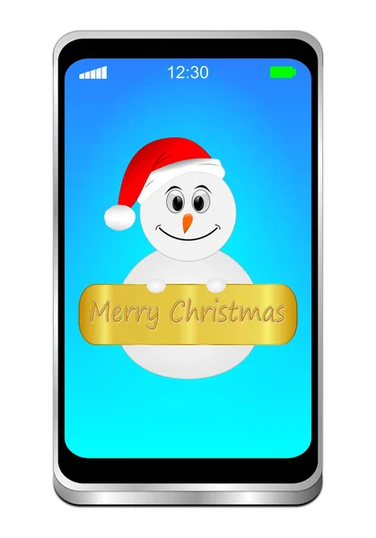 Dekorativa Smartphone Med Snögubbe Önskar Merry Christmas Blue Desktop Illustration — Stockfoto
