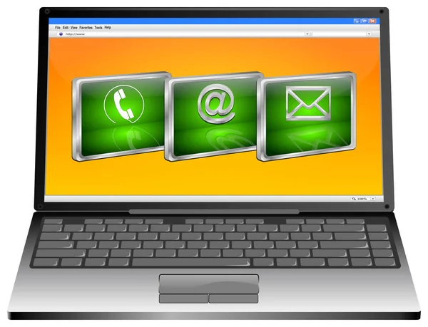 Laptop Mit Grünen Kontakttasten Auf Orangefarbenem Desktop Illustration — Stockfoto