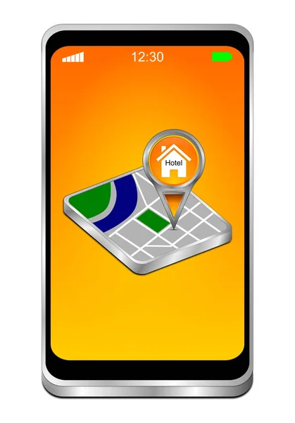 Smartphone Con Puntero Naranja Mapa Con Símbolo Del Hotel Escritorio — Foto de Stock
